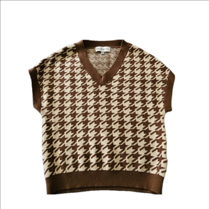 Willow and Wind V Neck Sweater Vest Brown and Cream Houndstooth Womens XS
